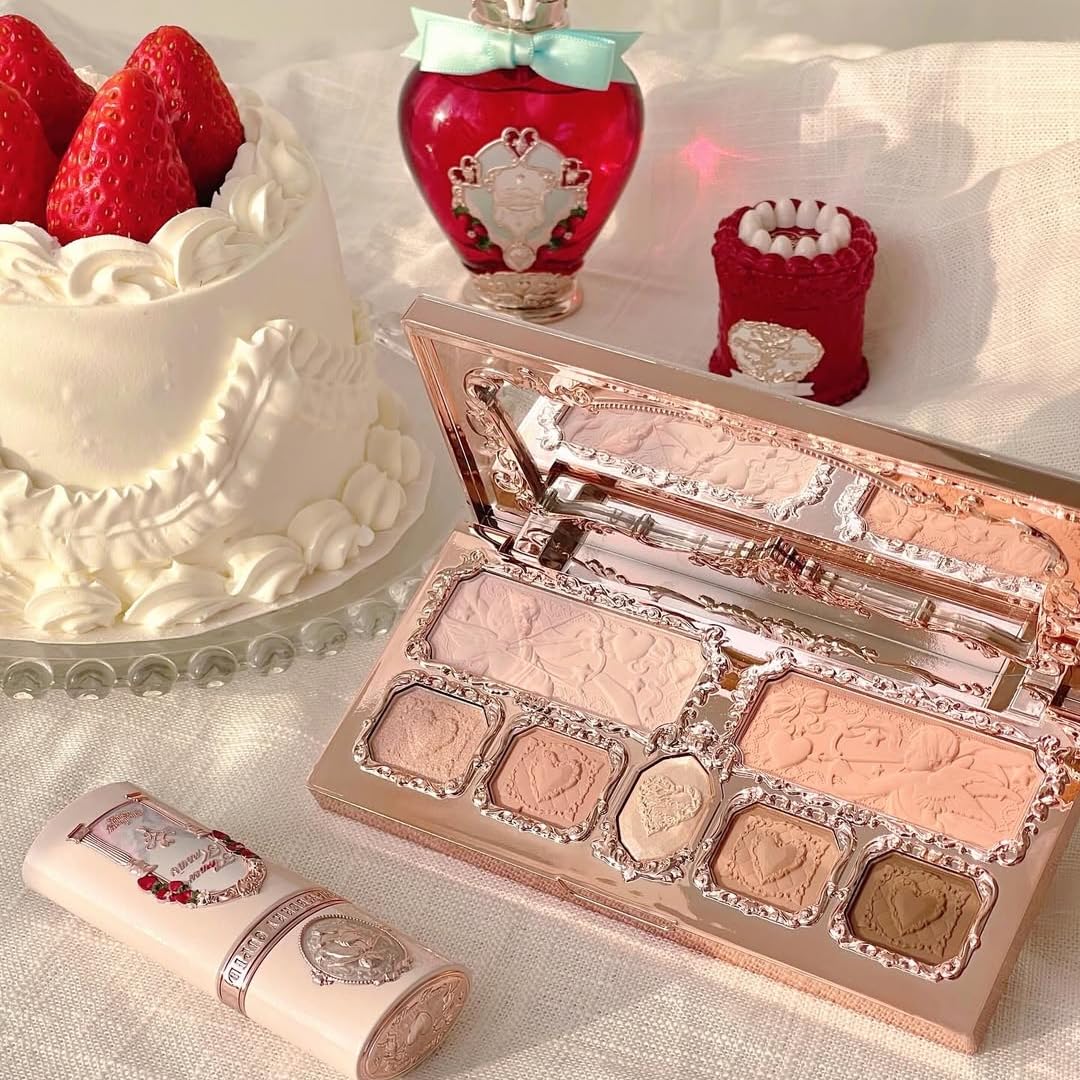 Flower Knows Strawberry Cupid Makeup Palette,Eyeshadow,Blush,Highlighting & Contour All-in-One Face Makeup Palette with 5 Matte+2 Shimmer Neutral Shades(01 Honey Canele,0.49 Oz)