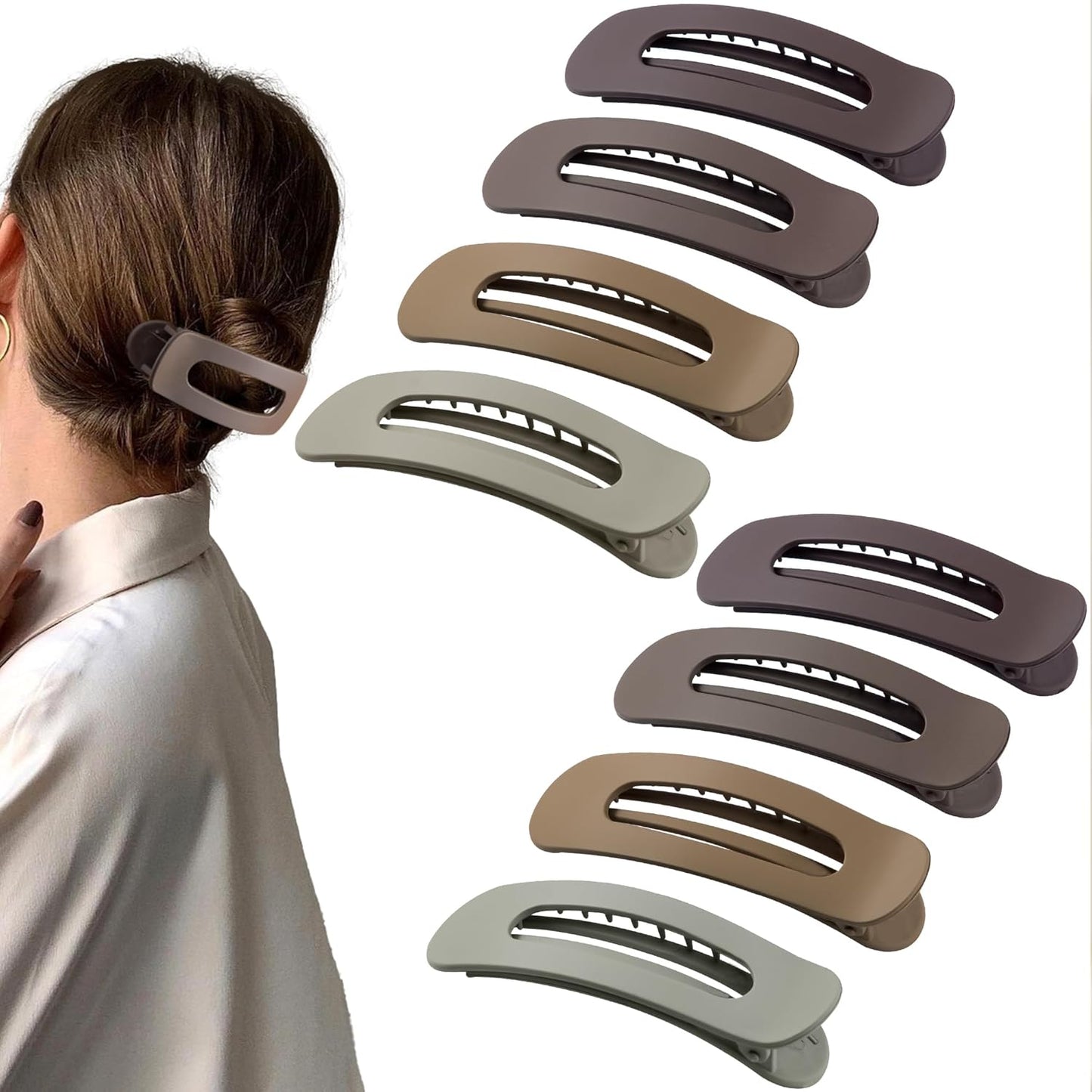 8 Pcs Large Lay Flat Claw Clips for Women French Side Slide Barrettes for Thin Fine Hair Rectangle Alligator Hair Accessories, Matte Multiple Brown