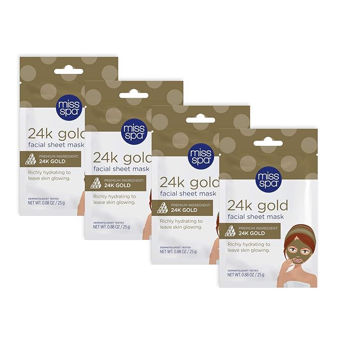 MISS SPA Illuminating 24K Gold Facial Sheet Mask Set, Antioxidant-Rich Peptides, Hydrated Glowing Complexion, Anti-Aging, Anti-Wrinkle, Skin Care for Women, 4-Pack