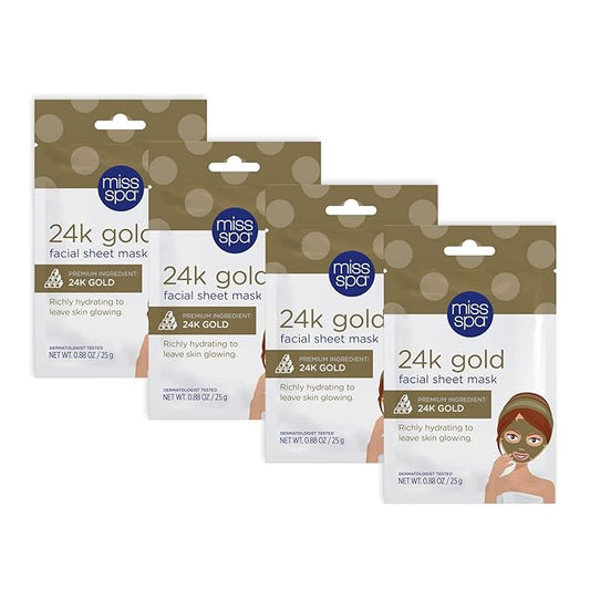 MISS SPA Illuminating 24K Gold Facial Sheet Mask Set, Antioxidant-Rich Peptides, Hydrated Glowing Complexion, Anti-Aging, Anti-Wrinkle, Skin Care for Women, 4-Pack
