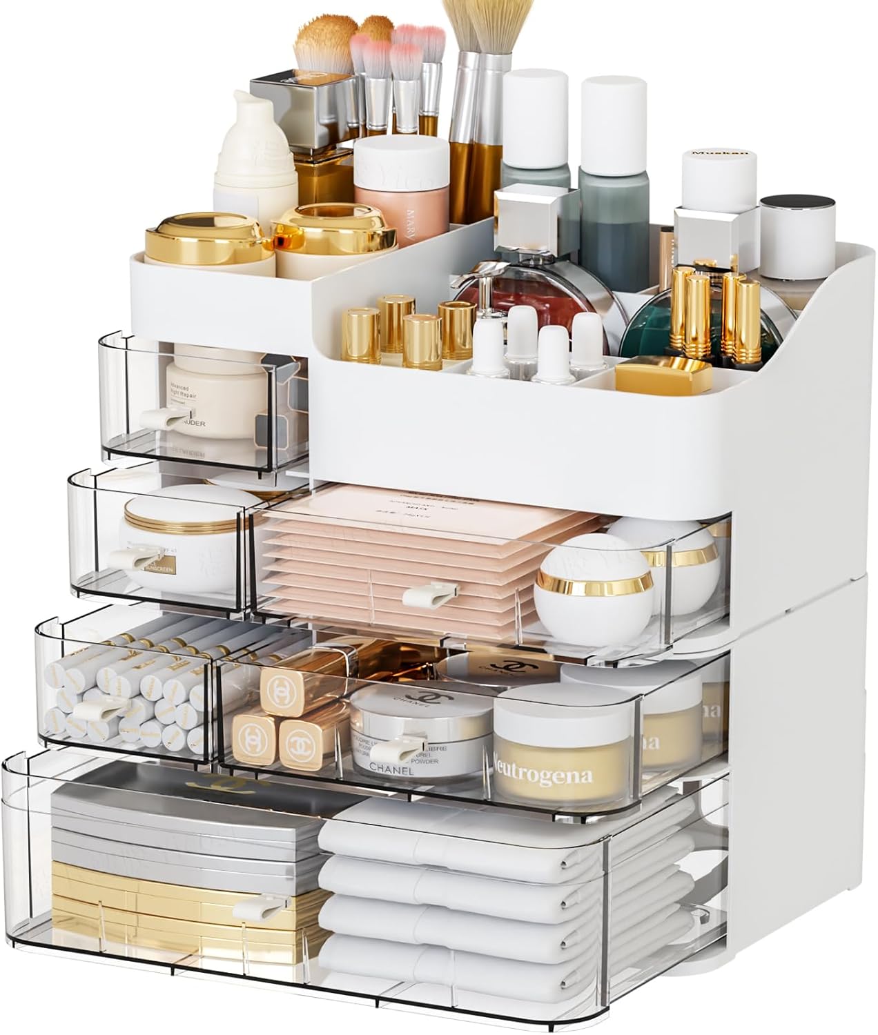 SuoXing Makeup Organizer for Vanity,Large 6 Drawers Make up Organizers for Counter,Plastic Cosmetic Storage Organizer for Dresser Countertop or Bathroom,Beauty Holder for Lipstick,Brush,Skincare,White