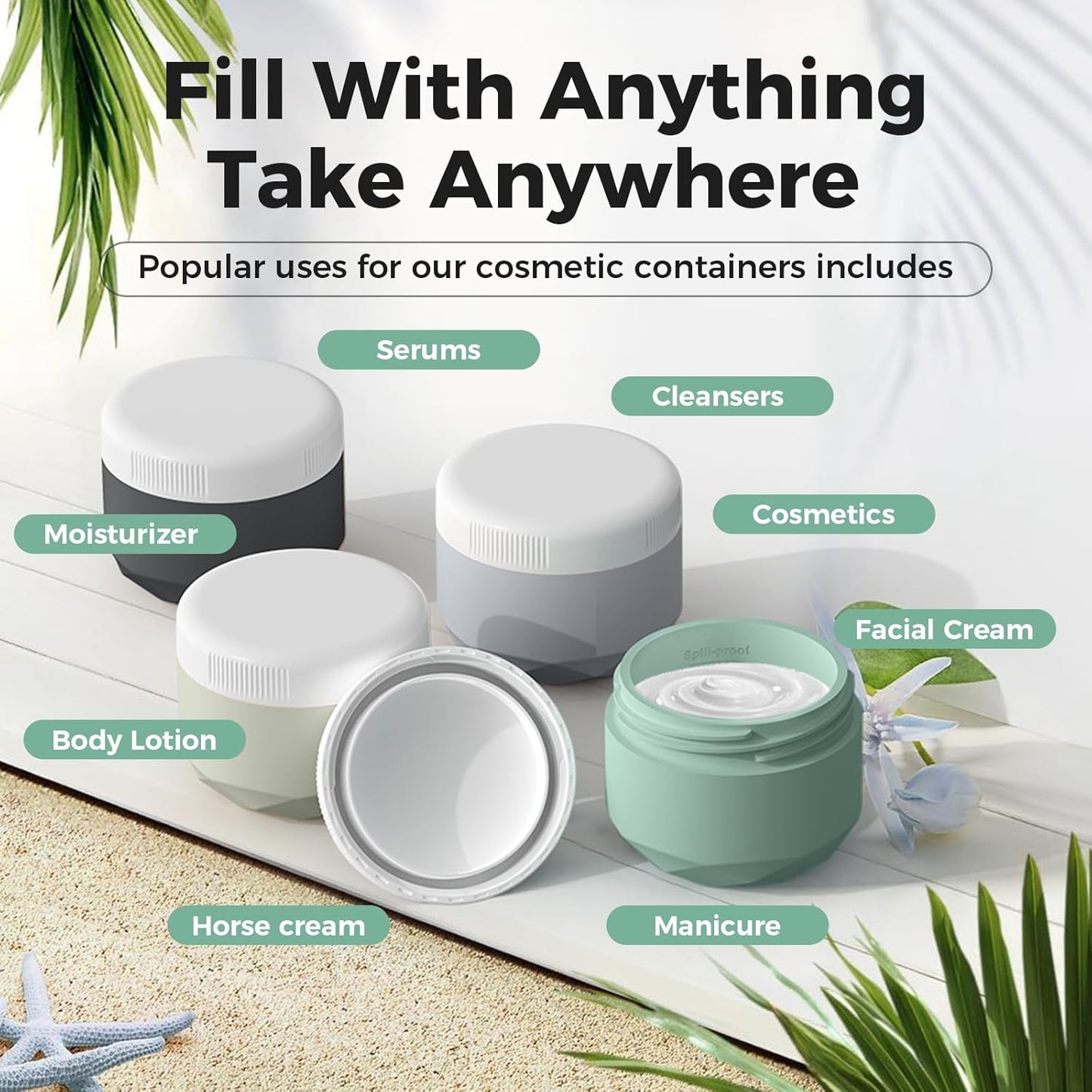 Travel Containers for Toiletries, 4-Pack TSA Approved Silicone Jars (1.7oz) - BPA Free Leakproof Cosmetic Containers for Creams, Lotion, Skincare & Makeup with Bonus Waterproof Bag