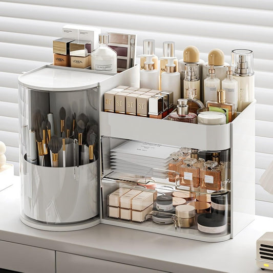 Makeup Organizer with Rotating Brush Holder Cosmetic Organizer with Drawers Countertop Skincare Organizer for Vanity,Cosmetic Display Case Storage (White, Large)