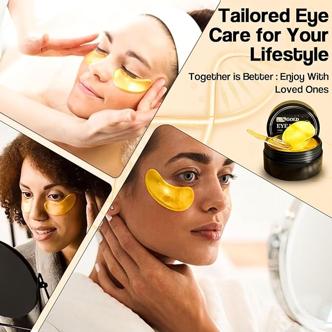 24K Gold Eye Mask (60PCS) – Gold Eye Patches for Puffy Eyes & Dark Circles, 24K Gold Under Eye Masks for Dark Circles and Puffiness, Eye Gel Pads w/Collagen,