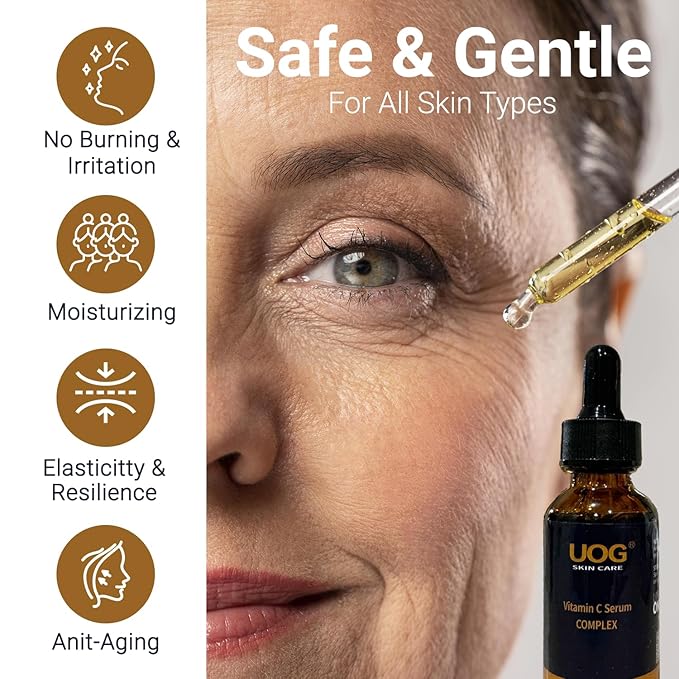 UOG Super Vitamin C Face Serum - Anti-Aging, Hydrating & Firming Formula, Lifts & Firms Face, Neck, Jawline, Reduces Dark Spots, Age Spots, Fine Lines, Wrinkles, Even Skin Tone.1 Fl Oz- Pack of 2