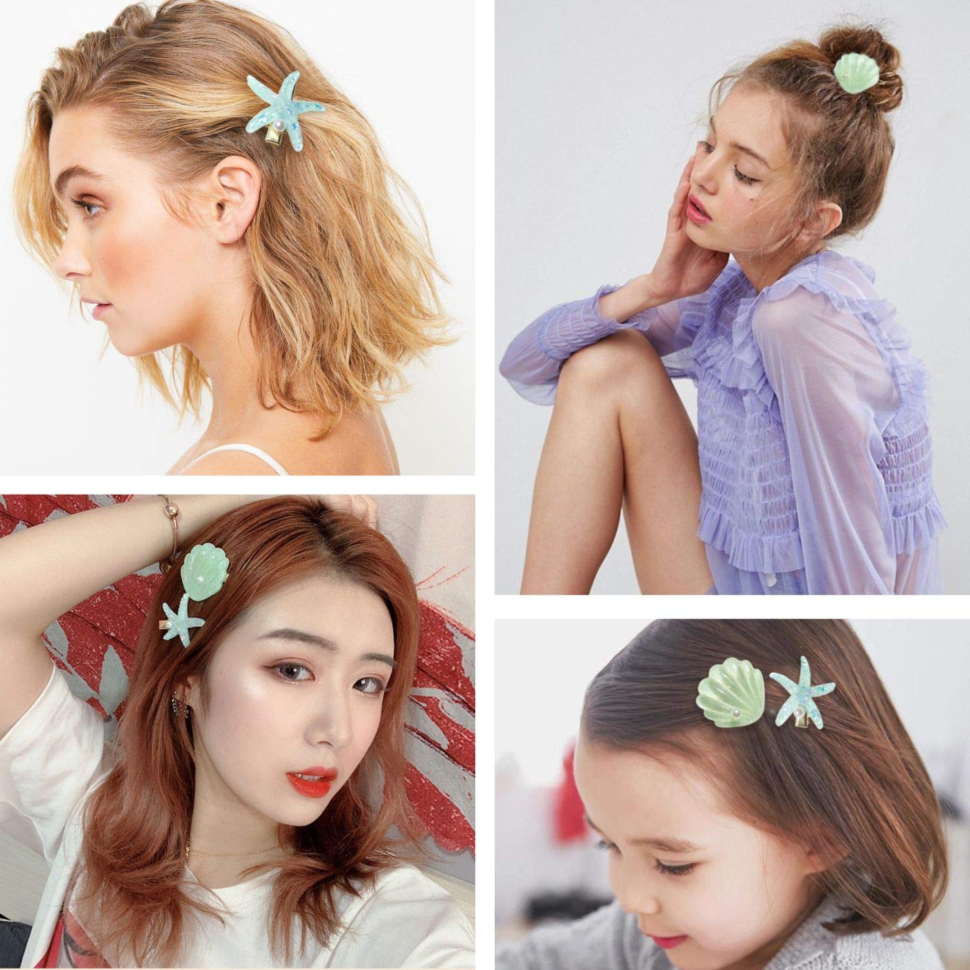 Shell Pearl Starfish Hair Clip Set for Women Girls, Acrylic Resin Alligator Hair Clips, Ladies and Girls Headwear Styling Tools Hair Accessories - Green