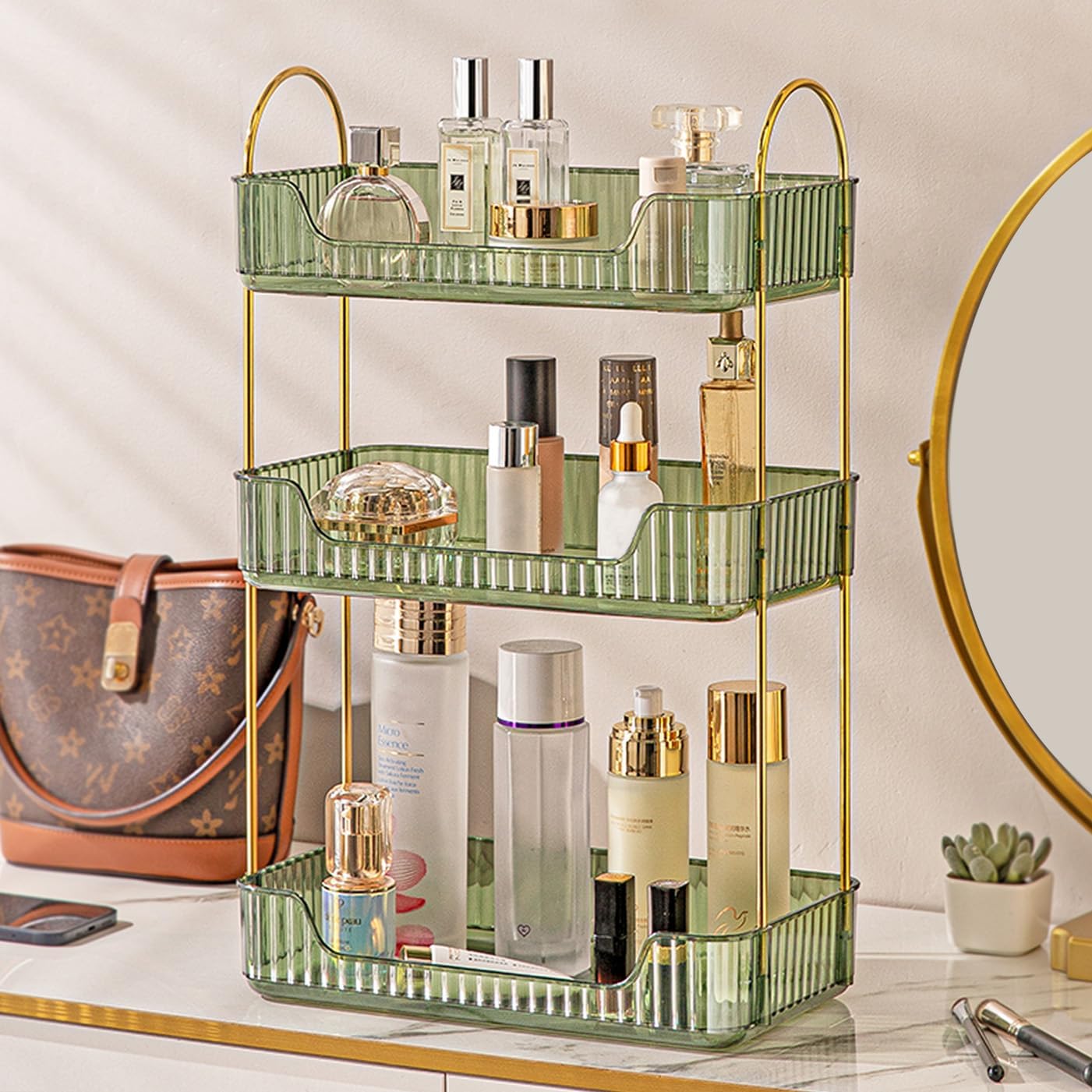 Aveniee Bathroom Counter Organizer, 3 Tier Perfume Skin Care Countertop Storage Shelf, Vanity Makeup Tray for Cosmetic Skincare Lotion,Green