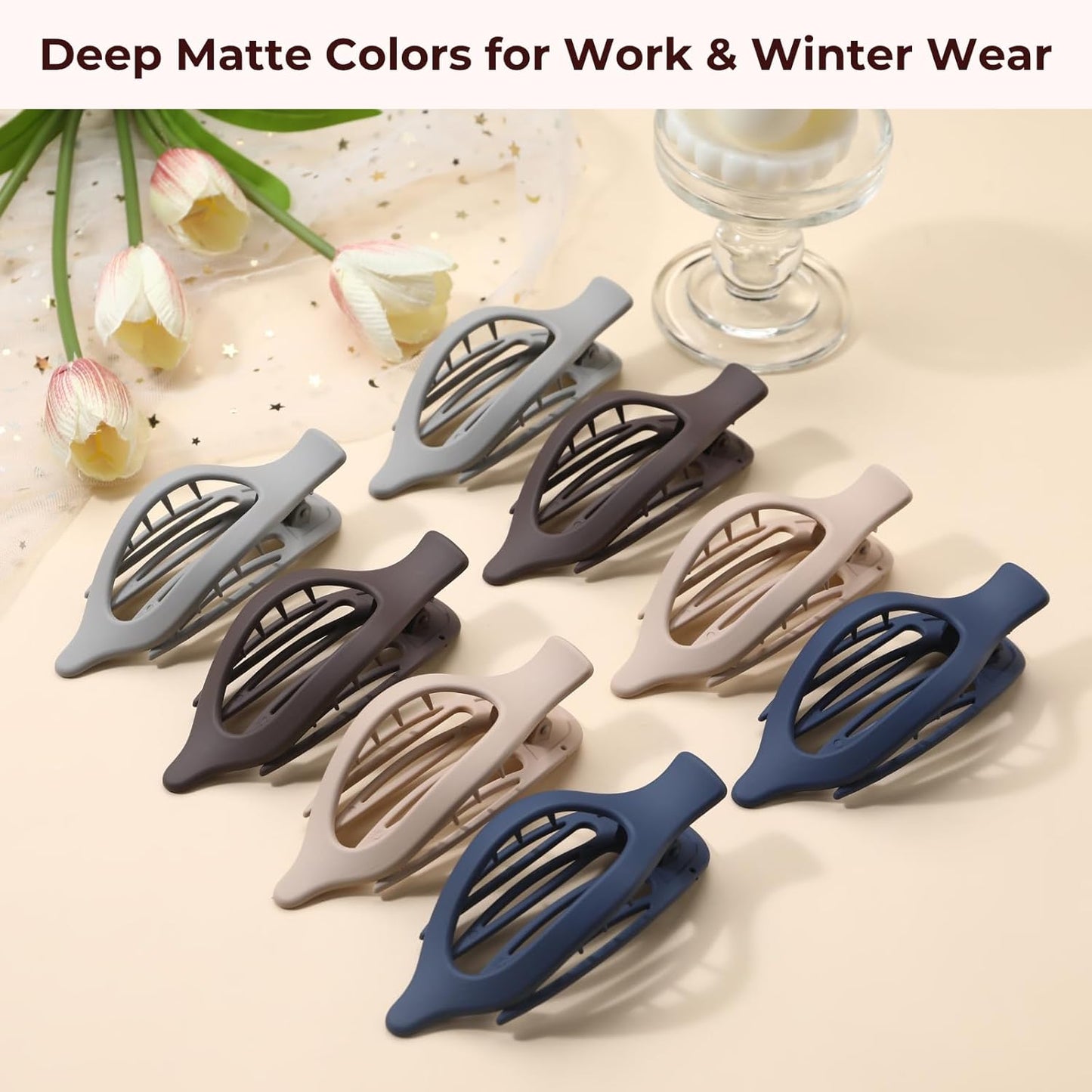 8 Pack Dark Neutral Flat Hair Clips – Matte French Claw Clips in Deep Brown, Navy, and Grey, Non-Slip Large Barrettes for Women, Minimalist Hair Accessories for Work or Daily Wear