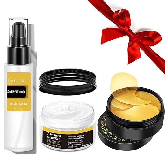 Snail Mucin Power Essence Set - Serum, Moisturizer & Eye Patch, Korean Skin Care for Hydrating, Dark Circles