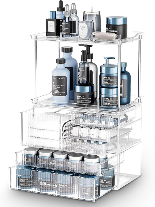 Acina Bathroom Countertop Organizers and Storage: 2-Tier 6-Drawer Makeup Organizer Countertop, Easy to Install, Ideal for Bathroom Storage, Vanity, Perfume, Large Skincare Items, Present, Clear