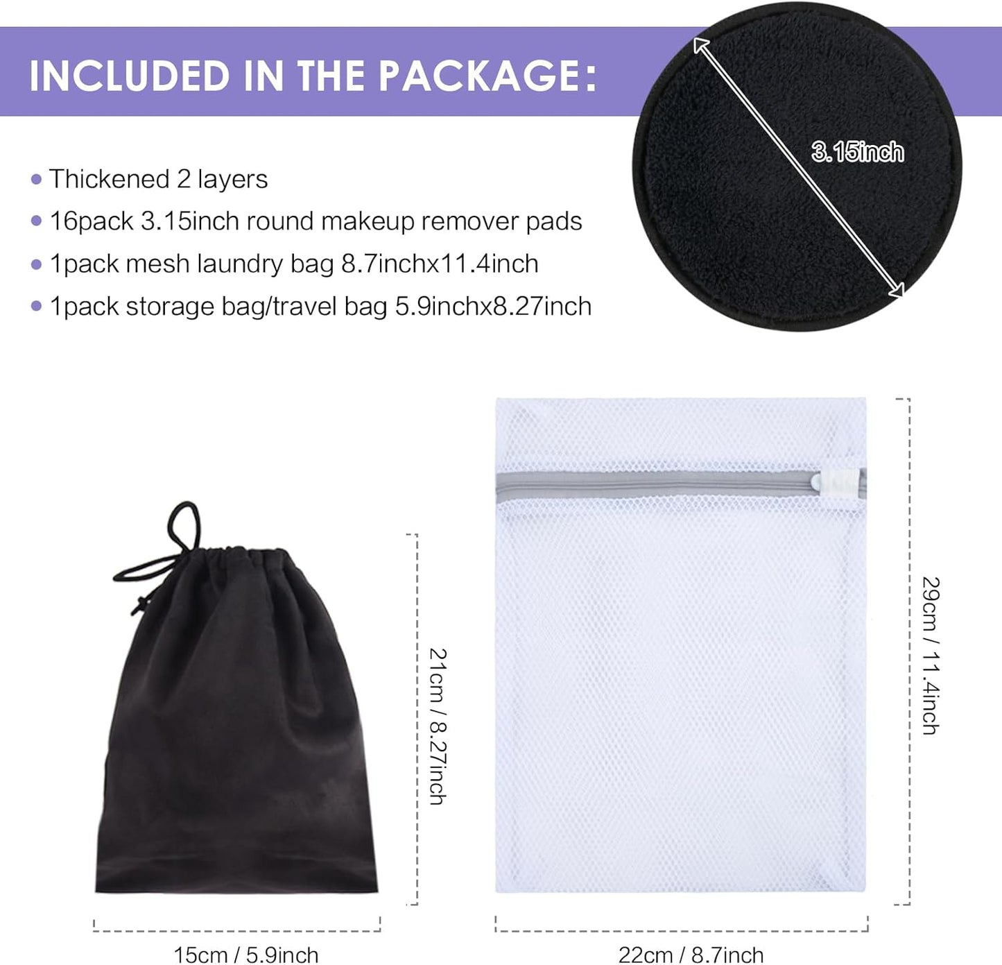 SUNLAND Reusable Makeup Remover Pads for Face,Eyes ,Lips 16 Pack Microfiber Face Cleansing Gloves Washable with Laundry Bag and Travel Bag Rounds Toner Pads (round 3.15inchx16, Black)