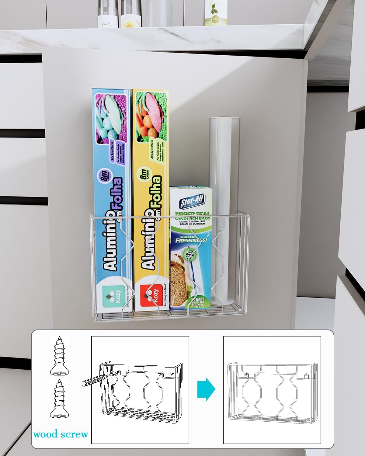 YQh Kitchen Cabinet Organizer, Cabinet Door Storage, Pantry Door Wall Mounted Packaging Organizer, For Cutting Boards, Sandwich Bags, Aluminum Foil Storage, Durable Stainless Steel Material