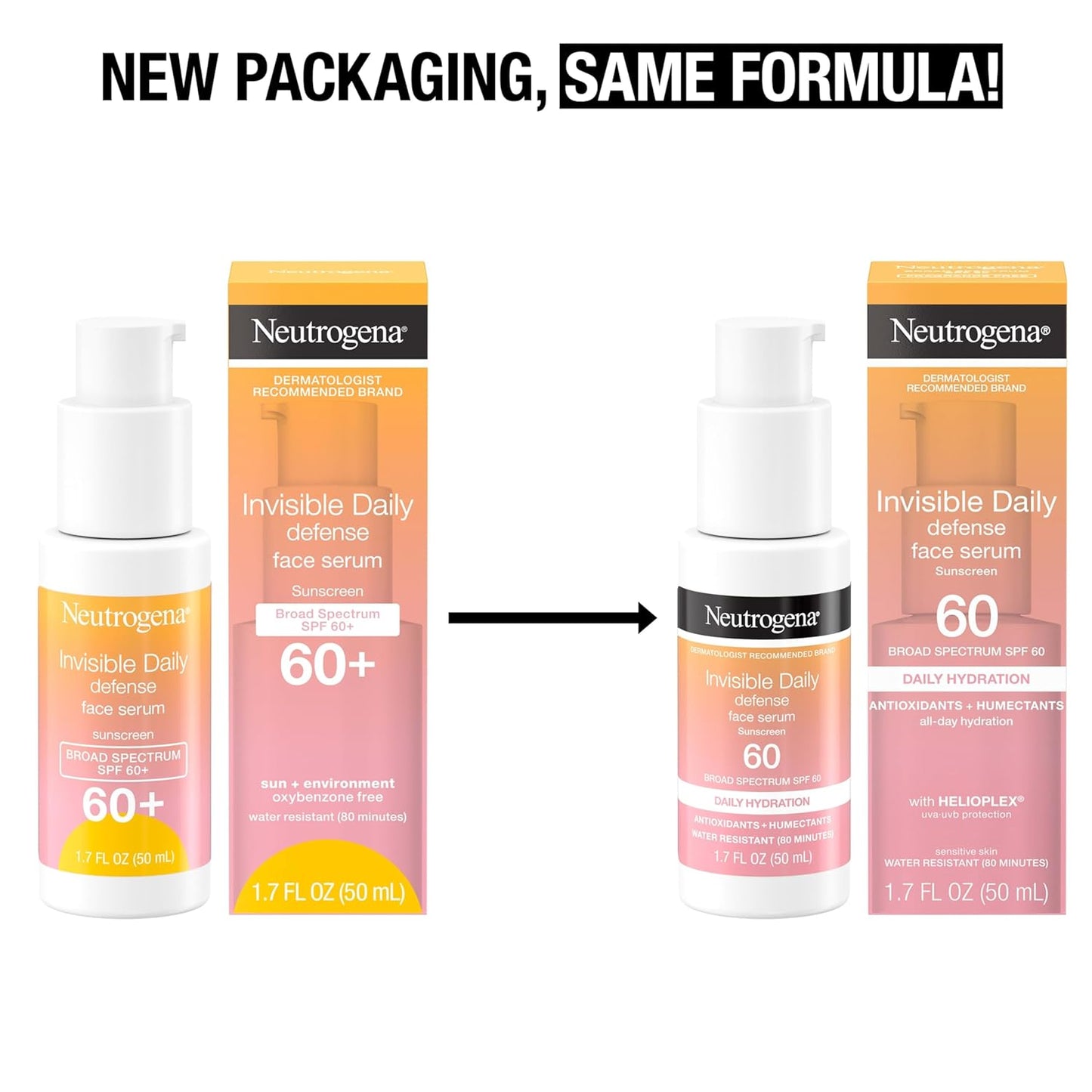 Neutrogena Invisible Daily Defense Broad Spectrum SPF 60, Antioxidants for Skin Glow, Hydrating Face Sunscreen Serum, Water Resistant (80 minutes), Oil-Free, Fragrance Free, Non Comedogenic, 1.7 Fl Oz