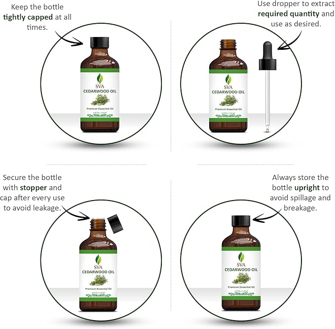 SVA Cedarwood Essential Oil – 4 Fl Oz – 100% Natural Cedar Juniperus Mexicana Oil - for Diffuser, Hair Care, Face, Skin Care, Aromatherapy, Scalp and Body Massage, Soap and Candles – with Dropper