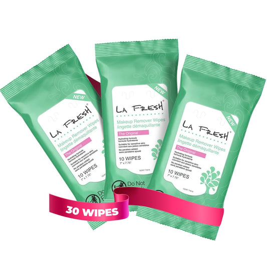 LA Fresh Makeup Remover Wipes with Vitamin E - For Face, Eyes, Lips - Face Wipes Travel Essentials Pack, of 3 10-count Pouches (30-count)