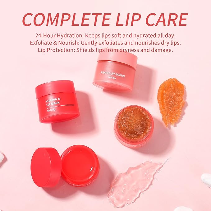 Peach Lip Scrub for Women Dry, Cracked and Dark Lips – Lip Scrubber Exfoliator and Organic Lip Scrubs Exfoliator and Moisturizer with Lip Brush – Vegan, Cruelty-Free Lip Care Products