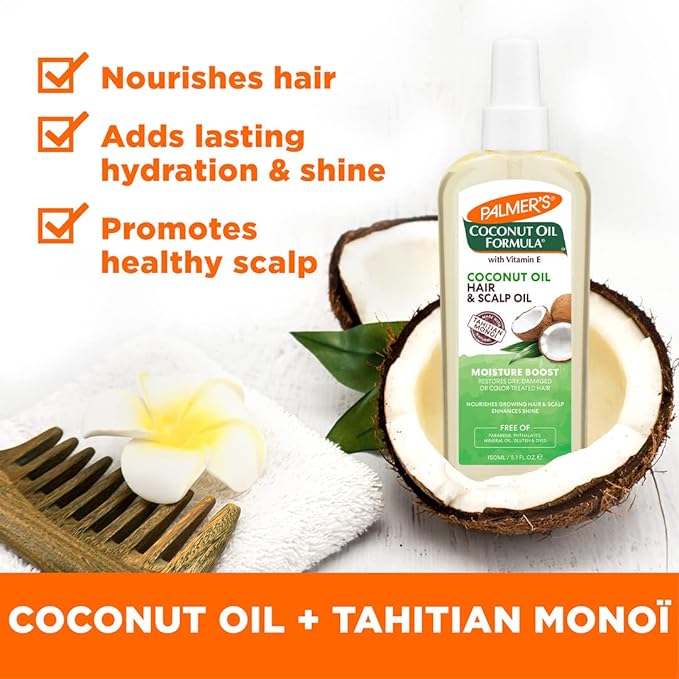 Palmer's Coconut Oil Moisture Boost, Restorative Hair and Scalp Oil Spray, Lasting Hydration and Shine for Dry or Damaged Hair, Promotes Scalp Health, 5.1 Oz (Pack of 2)