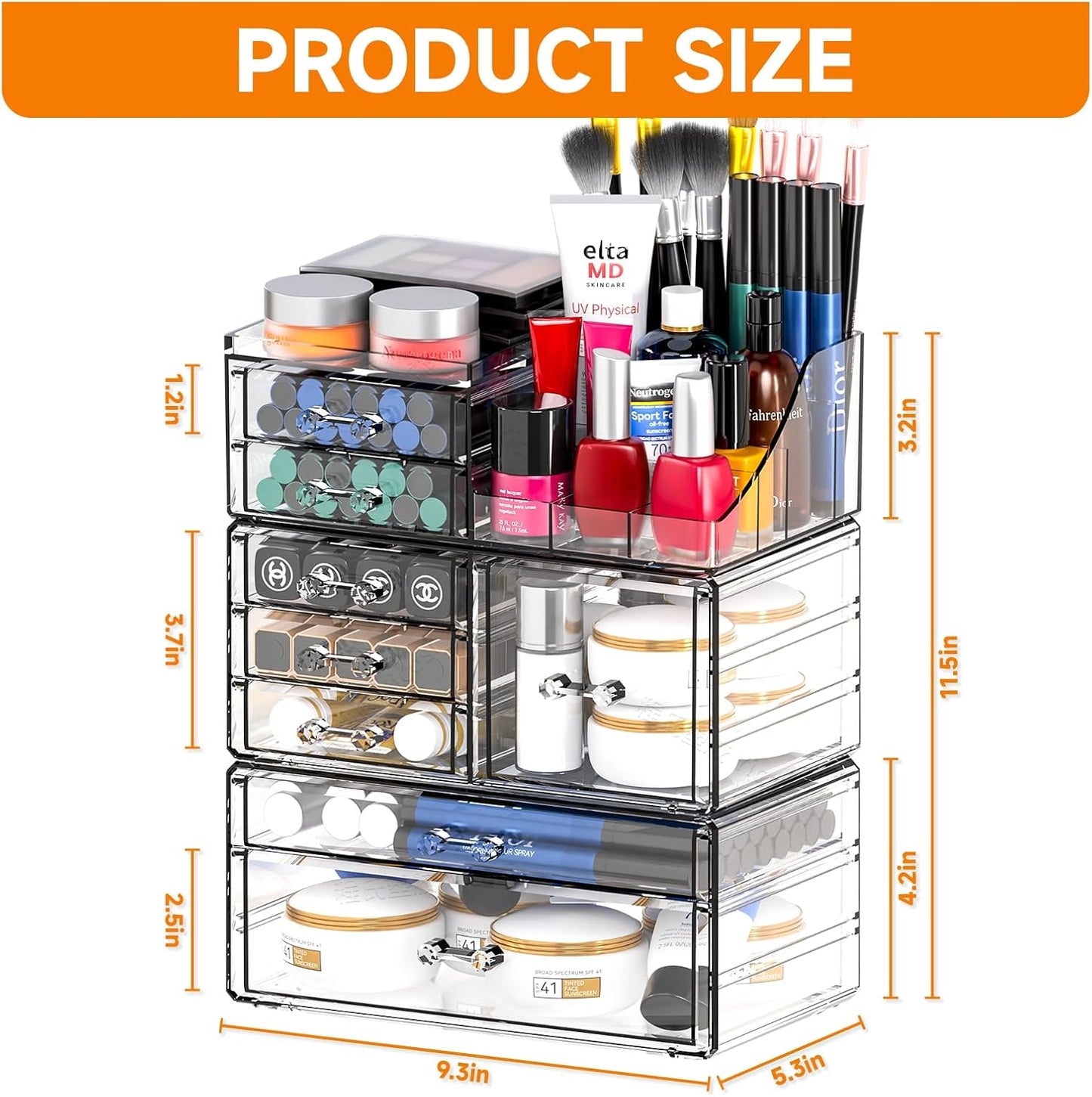 Acrylic Clear Makeup Organizer Countertop,Stackable Skincare Organizer for Vanity With 8 Drawers,Large Plastic Desk Accessories Organization,Bathroom Cosmetic Organizer Countertop for Beauty,Skin Care