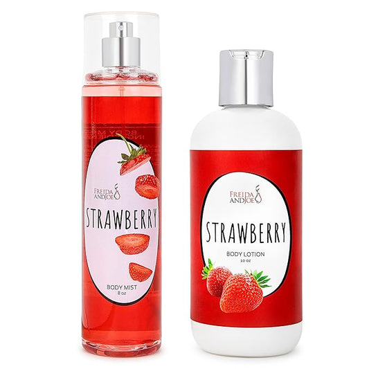 Home Spa Gift 10oz Deep Moisturizing Fragrance Body Lotion & 8 oz. Fine Fragrance Body Mist Set Luxury Self-Care Combo for Women and Girls (Strawberry) Mother’s Day Gift for Mom