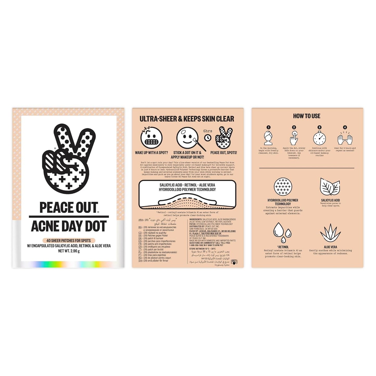 PEACE OUT Acne Day Dot, Sheer Acne Healing Dots, Virtually Invisible Wear, Hydrocolloid Pimple Patches Helps Clear Blemishes Quickly with Encapsulated Salicylic Acid, Retinol & Aloe Vera, 40 dots