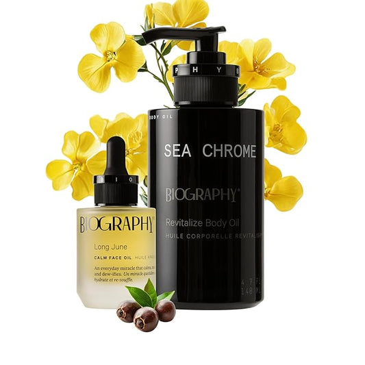 Biography Face Oil Quieting Moisturizer & Beauty Body Oil Skincare Gift Set for Women, Gua Sha w/Vitamin E, Evening Primerose, Jojoba, Guarana Seed. Skin Hydrating Sea Chrome & Long June