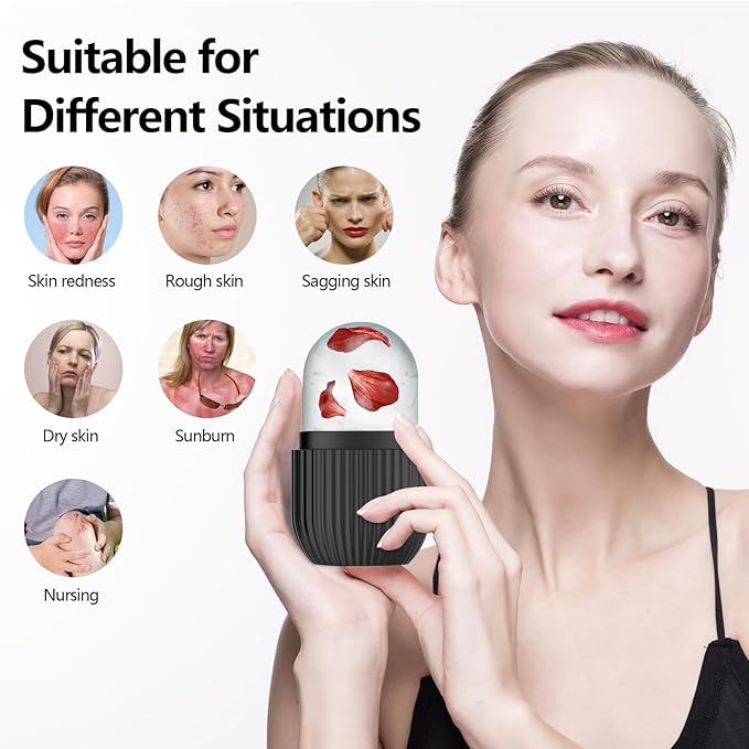 2pcs Ice Roller for Face and Eye, Silicone Ice Facial Roller Ice Holder, Face Ice Mold Skin Care, Face Icers Reusable Ice Cube Roller for Shrink Pores Anti Wrinkle Reduce Puffiness, Black Rose