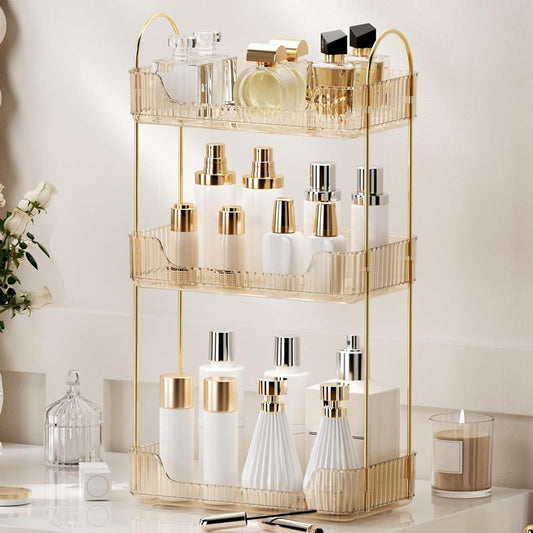 YCIA&DONE Bathroom Organizer Countertop, Makeup Storage, Skincare Cosmetic Tray Shelf, Perfume Holder Rack for Vanity Counter, Large Capacity, Easy to Install, Clean, 3 Tiers, Amber Gold