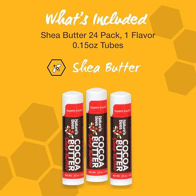 Nature's Bees Cocoa Butter Lip Balm Moisturizer, Shea Butter Flavor, Hydrating Lip Care for Dry Lips, Made in the USA with Coconut Oil, Beeswax, Vitamin E, and Aloe, 0.15 oz Each, 24 Pack