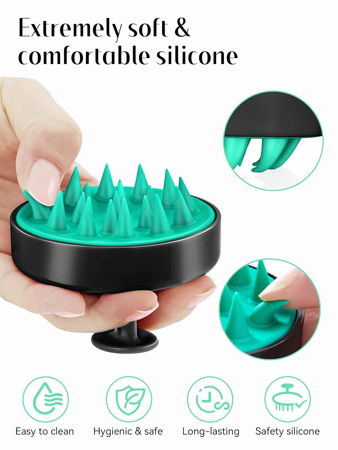 HEETA Scalp Massager Hair Growth, Soft Silicone Scalp Scrubber Shampoo Brush for Exfoliation, Dandruff Removal Head Massage Stress Relax, Wet & Dry Use for Thick Thin Curly Hair Care, Turquoise Black