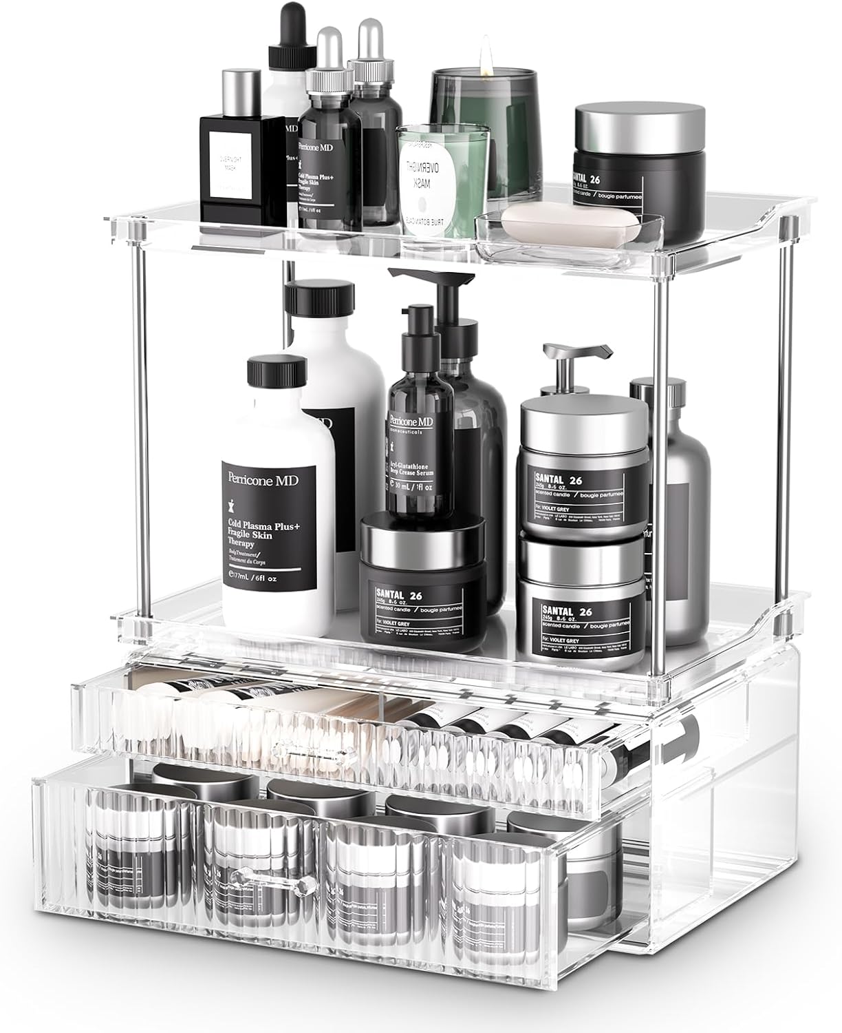 2-Tier 2-Drawer Bathroom Countertop Organizer : Large Multi-Purpose Makeup Vanity Organizer - Perfume & Skincare Storage Amber Clear
