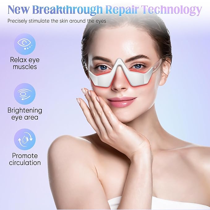 Under Eye Light Therapy Glasses, 2 Modes Light Therapy, Beauty Device with Eye Massage for Relieve Eye Fatigue, Eye Bags, Dark Circles (White)