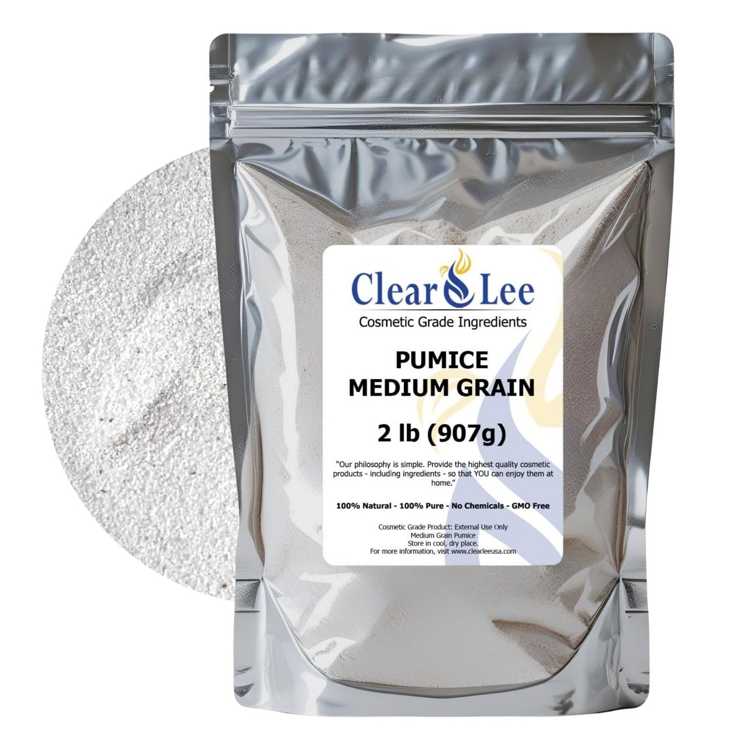 ClearLee Cosmetic Grade Pumice - 100% Pure Natural Grain/Powder - Great For Skin Exfoliation in DIY Soaps, Masks, Scrubs for Face, Body, Foot (2lb, Medium Grain)