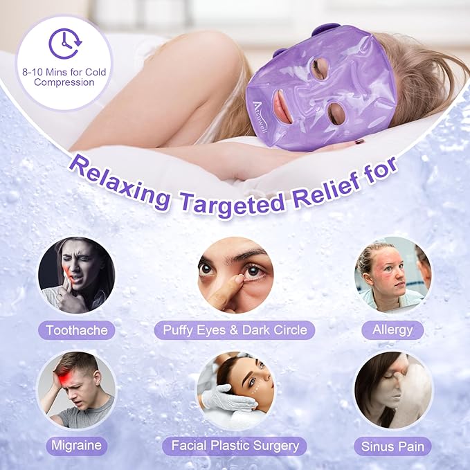 Atsuwell Cooling Ice Face Eye Mask Set for Dark Circles and Scented Lavender Throw Pillow and Flaxseed Fluffy Microwave Heat Pad for Pain Relief, Muscle Ache, Joints, Neck, Back Pain, Purple