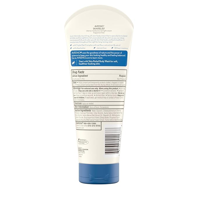Aveeno Skin Relief Overnight Intense Moisture Cream with Triple Oat Complex & Natural Shea Butter, Therapeutic Dimethicone Skin Protectant for Dry Itchy Relief, Fragrance-Free, 7.3 oz, 3 Pack