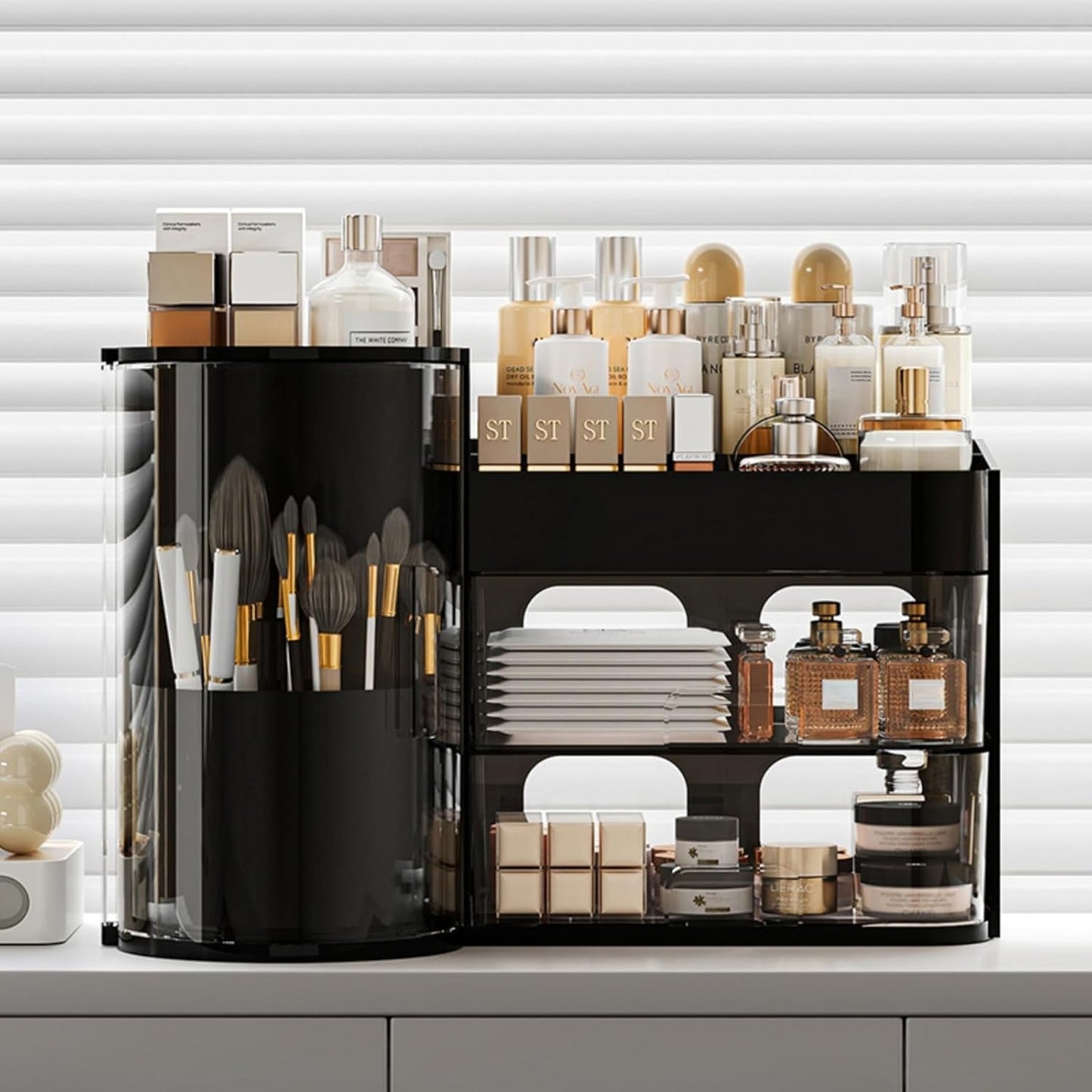 Makeup Organizer with Rotating Brush Holder Cosmetic Organizer with Drawers Countertop Skincare Organizer for Vanity,Cosmetic Display Case Storage (Black, Large)