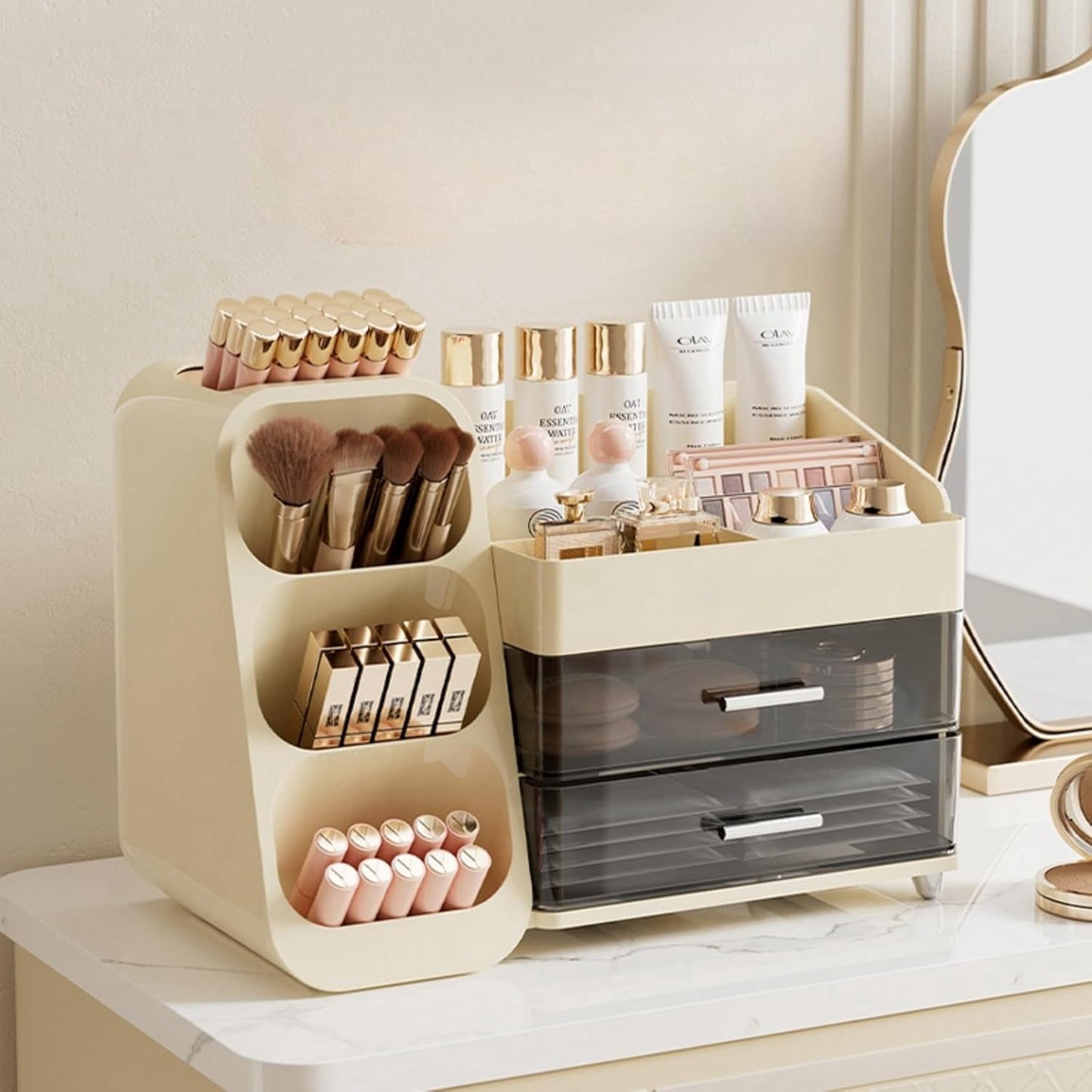 Makeup Organizer with Drawers,Large Capacity Countertop Organizer for Vanity,Bathroom and Bedroom Desk Cosmetics Organizer,Easy To Storage Skincare,Brushes, Eyeshadow, Lotions, Lipstick (Cream)