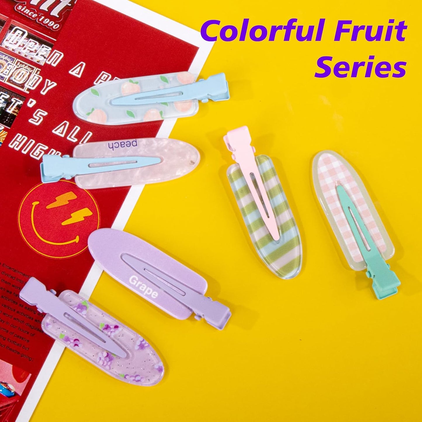 Magicsky 12PCS No Bend Hair Clips, Hawaiian Acrylic Flat Styling No Crease Pins, Bang Seamless Duckbill, Barrettes for Makeup, Cute Beach Hairstyle Tool for Women Girls, Colorful Fruit