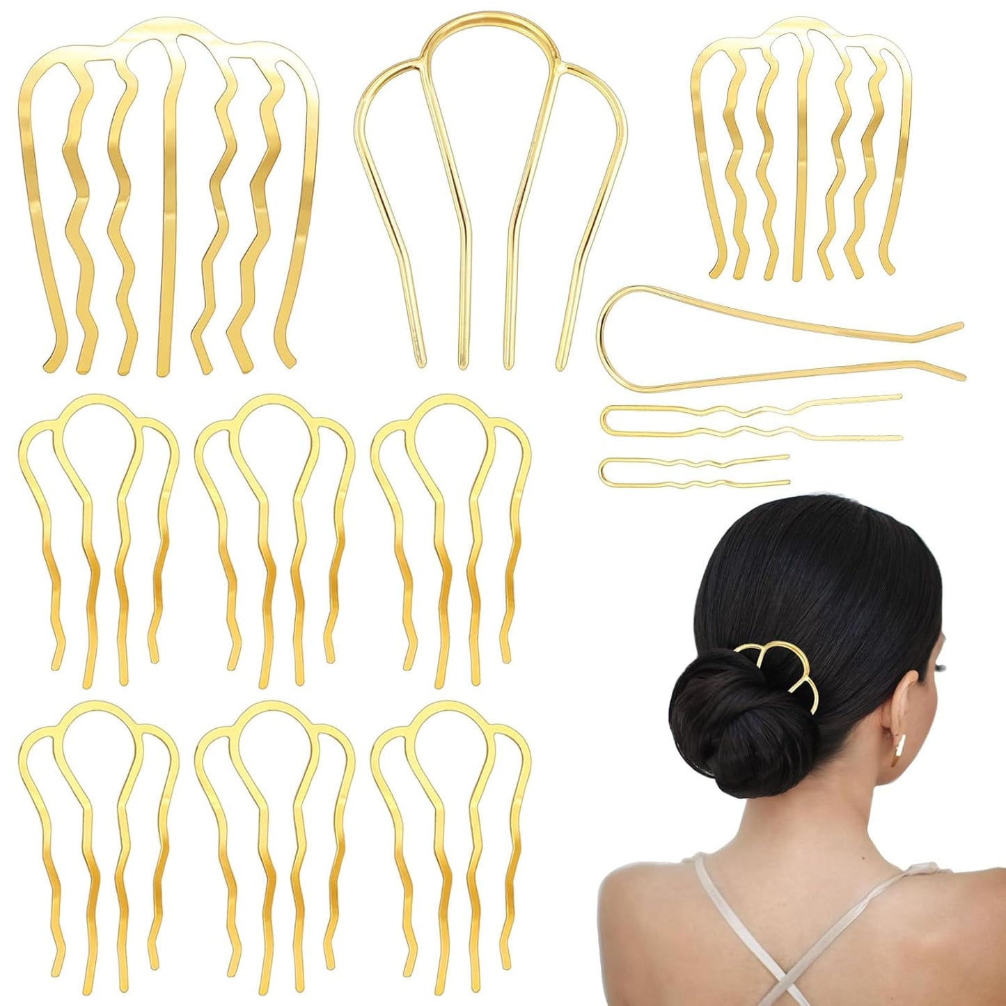 12 Pieces Hair Side Combs Metal Hair Fork Clip French Twist Comb Updo Hair Stick, U-Shape Teeth Styling Tools Messy Bun Maker Vintage Hairstyle Hair Pins Hair Accessories for Women and Girls