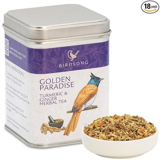 Birdsong Golden Paradise: Organic Turmeric and Ginger Herbal Teas with Lemongrass and Black Pepper, 100% Natural Caffeine Free Tea with Antioxidants Supports Overall Health, 18 Pyramid Tea Bag Sachets