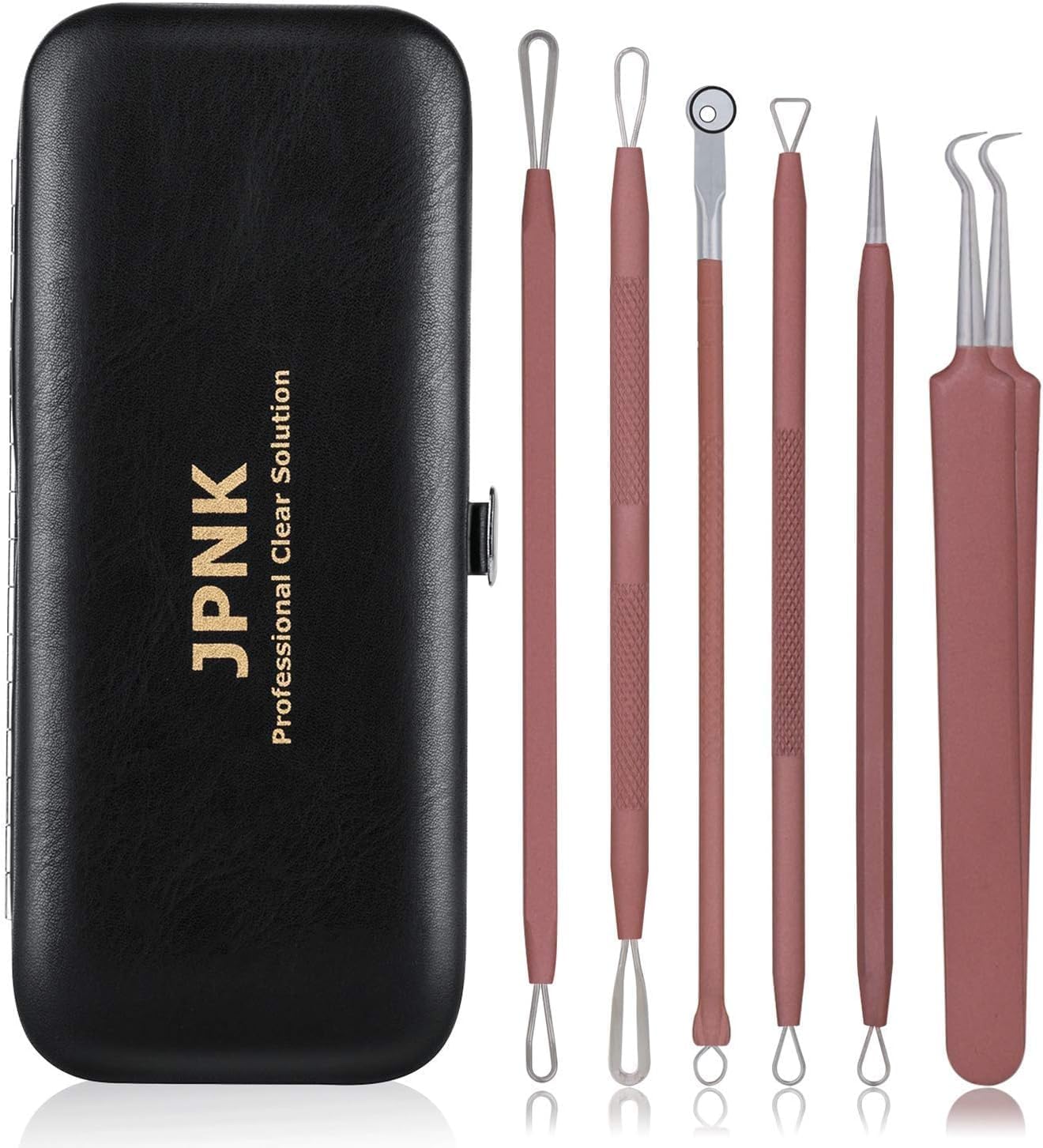 JPNK Blackhead Remover Tool Comedones Extractor Acne Removal Kit for Blemish, Whitehead Popping, 6 Pcs Zit Removing for Nose Face Tools with a Leather Bag (Pink)