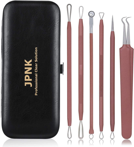 JPNK Blackhead Remover Tool Comedones Extractor Acne Removal Kit for Blemish, Whitehead Popping, 6 Pcs Zit Removing for Nose Face Tools with a Leather Bag (Pink)