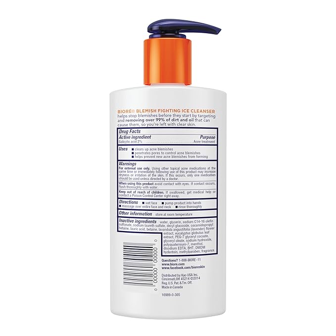 Bioré Blemish Fighting Ice Cleanser Face Wash with Salicylic Acid, Clears and Helps Prevent Acne Breakouts, Cools & Refreshes Skin, Oil Free, 6.77 Oz