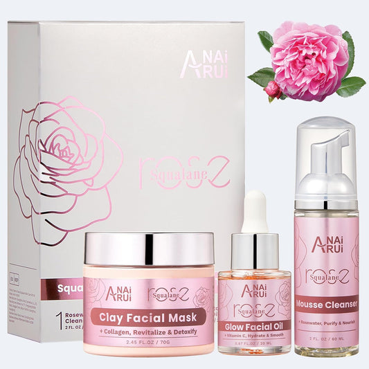 ANAiRUi Rose Skincare Gift Set, Christmas Gift for Women, Facial Skincare Kit for Women, Rose & Squalane Face wash and Moisturizer Set with Clay Mask, Face Cleanser and Facial Oil, Purify, Hydrate