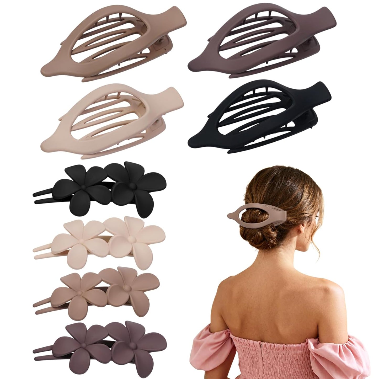 8 Pack Flat Hair Clips for Women – Matte Neutral Claw Clips & Flower Hair Pins Barrettes Set in Black, Blonde,Light Brown & Dark Brown for Thick & Thin Hair