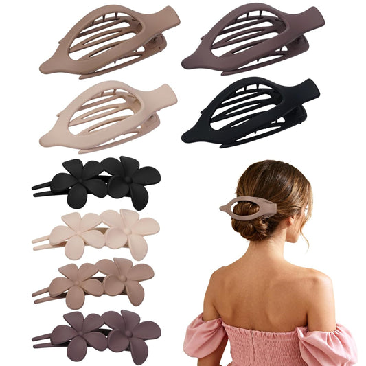 8 Pack Flat Hair Clips for Women – Matte Neutral Claw Clips & Flower Hair Pins Barrettes Set in Black, Blonde,Light Brown & Dark Brown for Thick & Thin Hair