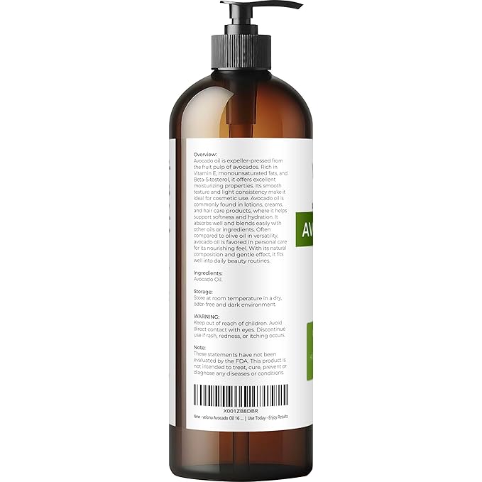 Velona Avocado Oil 16 Fl Oz | 100% Pure and Natural Carrier Oil | Expeller-Pressed | Hair, Body and Skin Care | Use Today - Enjoy Results
