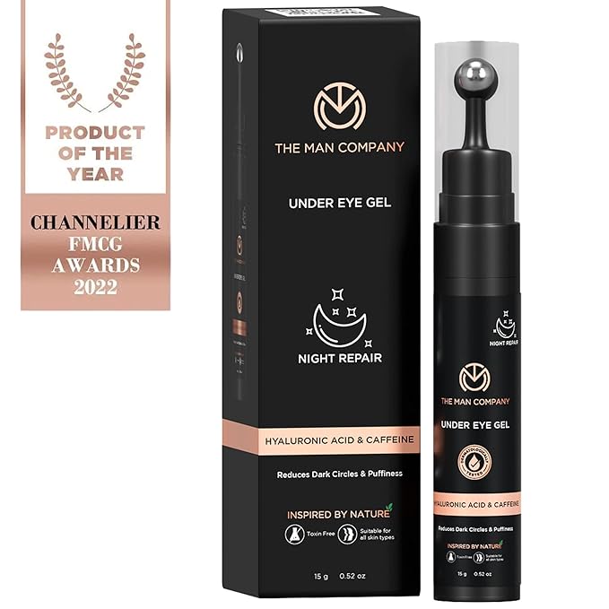 The Man Company Under Eye Gel With Cooling Massage Roller For Dark Circles, Fine Lines & Puffy Eyes with Caffeine & Hyaluronic Acid – 15gm