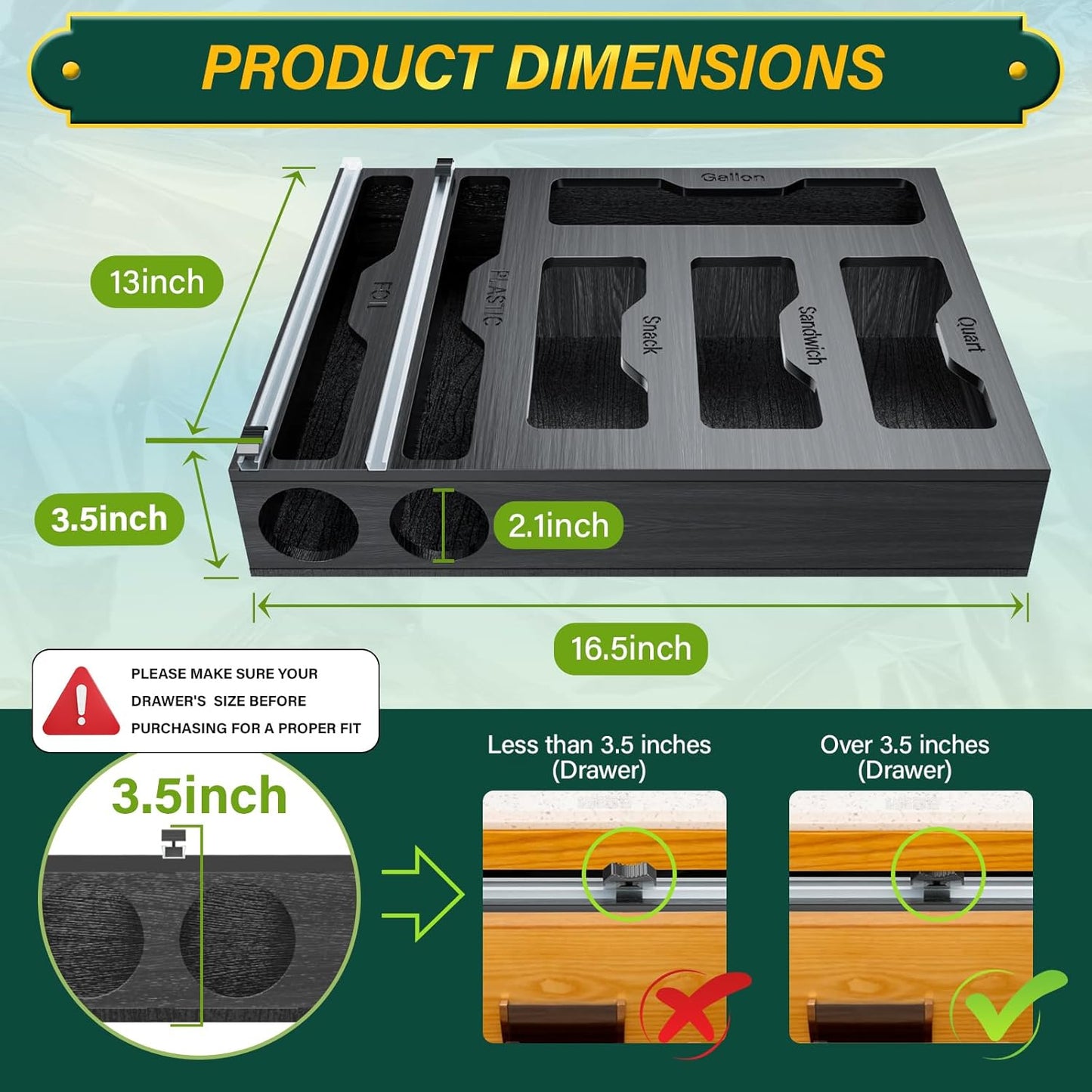 KOCWELL Bag Organizer & Plastic Wrap Dispenser with Cutter, 6 In 1 Bamboo Foil & Plastic Wrap Organizer for Kitchen, Food Storage Bag Organizer