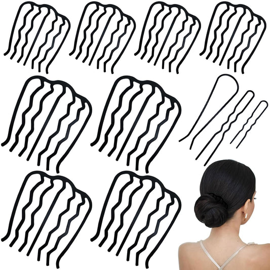 11 Pieces Hair Side Combs Metal Hair Fork Clip French Twist Comb Updo Hair Stick, U-Shape Teeth Styling Tools Messy Bun Maker Vintage Hairstyle Hair Pins Hair Accessories for Women and Girls
