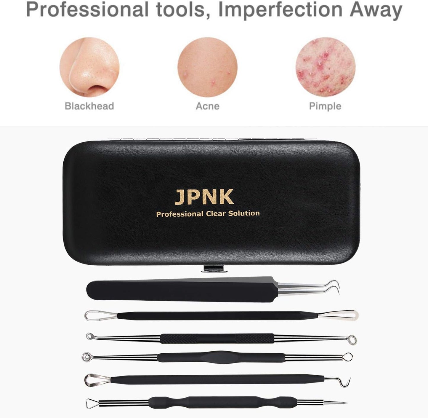 JPNK Blackhead Remover Tool Comedones Extractor Acne Removal Kit for Blemish, Whitehead Popping, 6 Pcs Zit Removing for Nose Face Tools with a Leather Bag (Black)